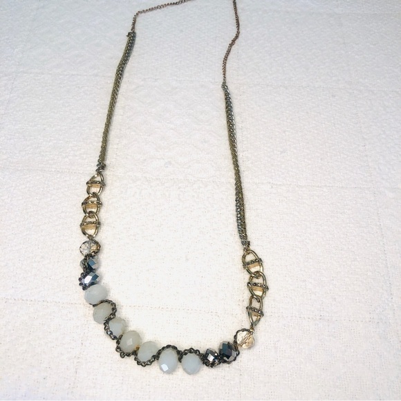 Statement Necklace Mixed Bead Links and Chain Silvertone and Ivory White - Picture 13 of 15